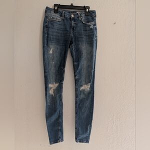 Zara Woman Medium Rise Blue Distressed Slim Jeans